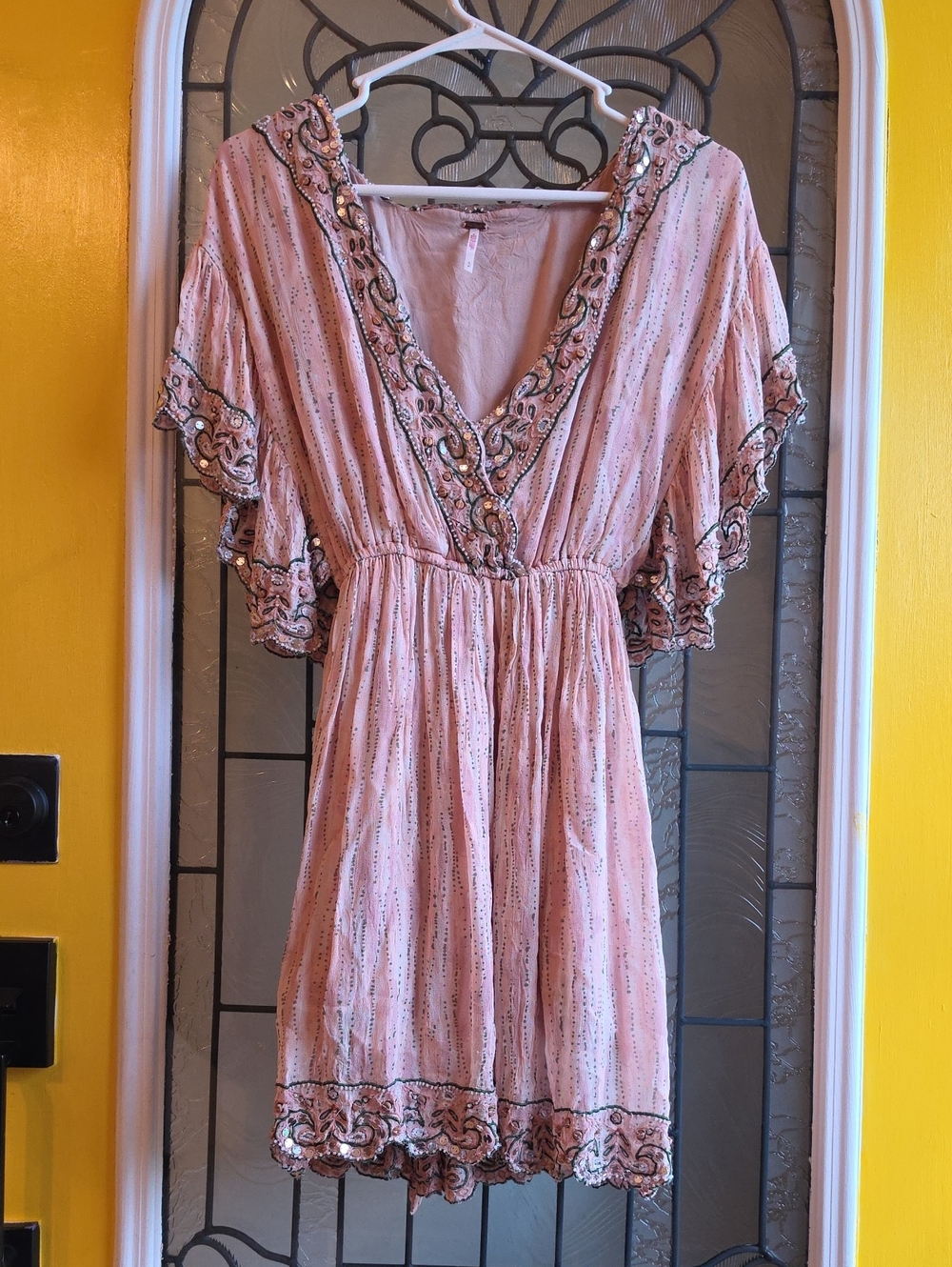 Free People Beaded Pink V-Neck Mini Dress with Flutter Sleeves